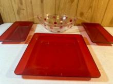 3 Red Plastic Serving Trays / 1 Plastic Decorative Serving Bowl