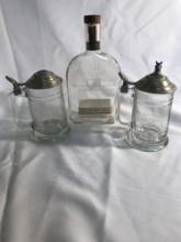 2 Beer Steins and Bourbon Whiskey Empty Bottle