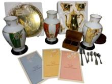 Three Crafted in Japan Vases by Okura, Flatware, Wooden Box & Tea Set