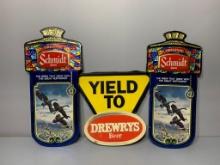 Vintage Beer Advertisements- Two Schmidt Beer Cardboard Signs & Plastic Yield to Drewrys Beer Sign
