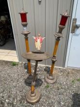 Antique Funeral Home Pair of Lamps and Holy Water Bowl on Stand