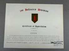 Vietnam 1st Infantry Div. Certificate of Appreciation USO Bob Hope 1966 Christmas Tour