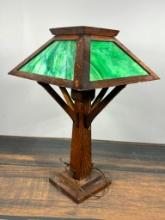 Mission Oak Arts and Crafts Slag Glass Panel Lamp
