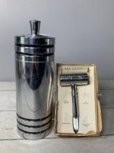 Vintage 1930's Chase Metals Art Deco Chrome Drink Shaker and Mint In Box Bar Caddy Jigger