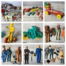 Large Group of Vintage Toys- Auburn Rubber Toys, Tootsie Toys, Mickey Mouse Steam Roller Toy,