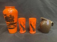 Czech Bohemian orange glass Vases with Peacock silver