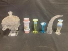 Elson Glass Horn, Dugan Winterlily Vase, Smith Bros Cylinder Base, etc