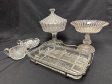 ribbon compote, clear with frost lady bust, candle wick, cut glass dishes
