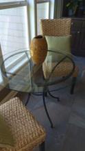 Glass Top Table and Pair of Woven Wicker Chairs