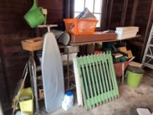 wheel cart, tiny trash can, stool, planting bins, garden fence, step stool, ironing board, basket