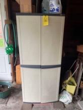 plastic 6ft cabinet and all contents and green hose to the left of cabinet