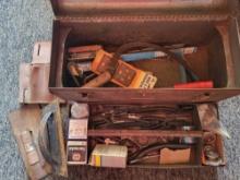 Metal tool box with hoses, tool pouch, mason tools