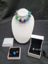 All Sterling pandora style bracelet, 3 Pandora beads