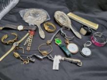 Vintage dresser set, assorted wrist watches and pocket watches