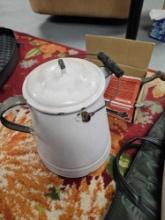 Meat grinder, graniteware tea pot