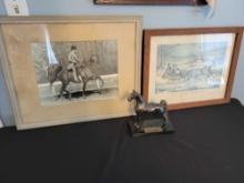 Vintage Horse riding Youngstown trophy, rider photograph and Currier and Ives framed litho