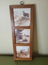 Unique vintage framed 3 tile western animal themed framed wall art