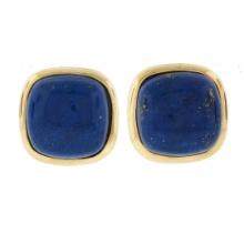 Large 14K Gold Cushion Cabochon Polished Lapis Lazuli Bezel Set Button Earrings