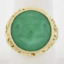 14k Yellow Gold Large 16mm Round Cabochon Bezel Green Jade Spiral Open Work Ring