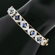 Vintage 14K TT Gold 1.50 ctw Diamond & Sapphire Open Flower Hinged Bangle Bracel
