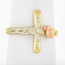 14k Tri Color Gold Detailed Matte Finish Coin Edge Crucifix Cross Band Ring