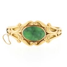 Vintage 14k Gold 6" Oval Cabochon Bezel Jade Wide Hinged Open Bangle Bracelet