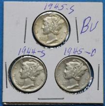 Lot of 3 Silver Mercury Dimes 1944-S, 1945-D, 1945-S