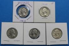 Lot of 5 Washington Silver Quarters