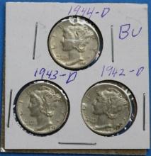 Lot of 3 Silver Mercury Dimes 1942-D, 1943-D, 1944-D