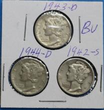 Lot of 3 Silver Mercury Dimes 1942-S, 1943-D, 1944-D