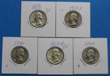 Lot of 5 Washington Quarters 90% Silver Coins - $1.25 Face Value