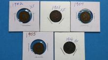 Lot of 5 Indian Head One Cent Pennies - 1902, 1903, 1904, 1905, 1906