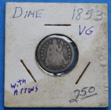 1853 Seated Liberty with Arrows Silver Dime Coin