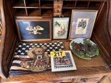 LOT: 3-WALL HANGINGS, POTTERY DISPLAY PLATE, GOD BLESS AMERICA TABLE RUNNER & DISPLAY PLATE