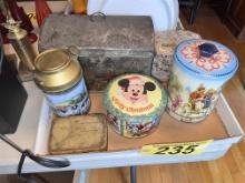LOT OF ASSORTED TINS, TRAYS, MINI MILK CAN