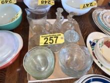 LOT OF ASSORTED CLEAR GLASS BOWLS, CREAMERS, PITCHER, SUGAR BOWL, CANDY DISHES, VINEGAR CRUETS