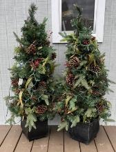Pair of Lighted Christmas Trees with Pine Cones and Berries