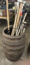 Vintage Wooden Barrell with Yard Tools