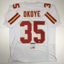 Autographed/Signed Christian Okoye Kansas City White Football Jersey PSA/DNA COA