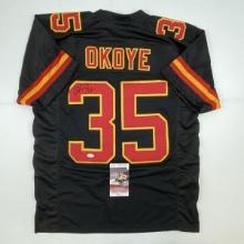 Autographed/Signed Christian Okoye Kansas City Black Football Jersey JSA COA