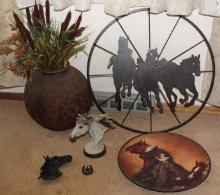 Large Leather Hanging Bowl and Metal Wheel with Horse Imagery and More