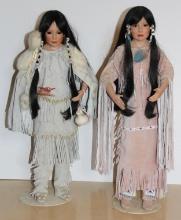 Two Gorgeous, High-Quality 24" Porcelain Indigenous Women Dolls in Real Leather Clothing