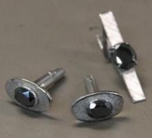 Silver-Colored Cuff Links and Tie Clip with Cut Black Stone
